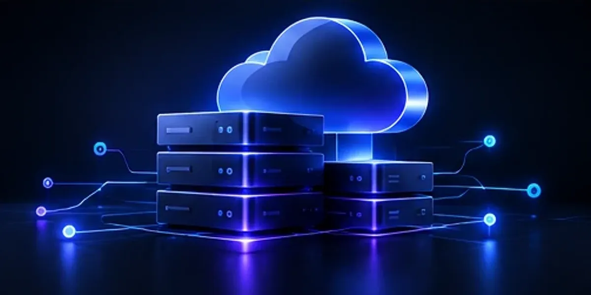 A cloud hosting diagram with servers and a status dashboard.